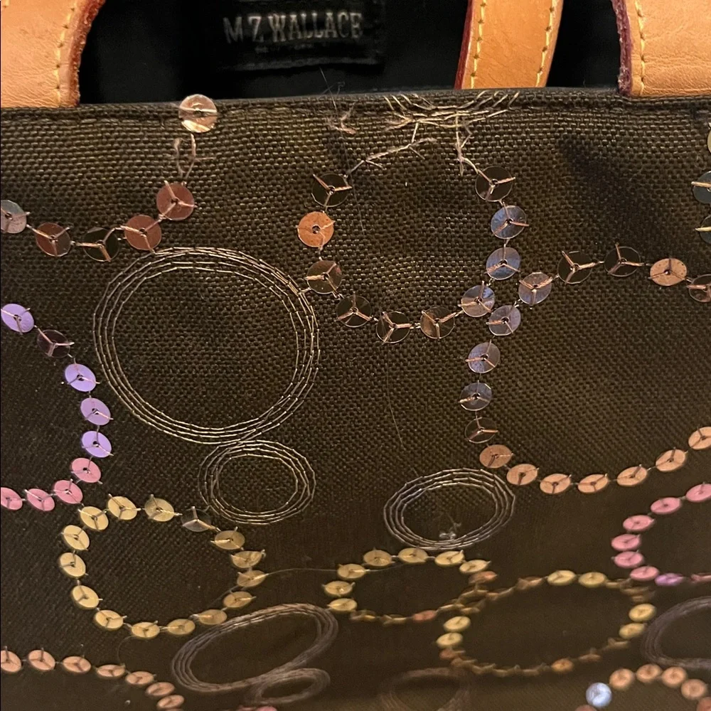 MZ Wallace Brown Neutral Embroidered Sequin Circles Leather Handles Canvas Tote